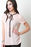 Semi-Sheer Tie Ruffle Neck Top