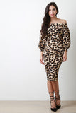 Leopard Print Bishop Sleeve Off The Shoulder Dress