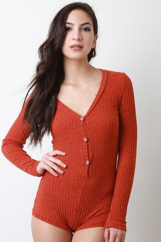 Rib Knit Button Up V-Neck Romper