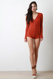 Rib Knit Button Up V-Neck Romper