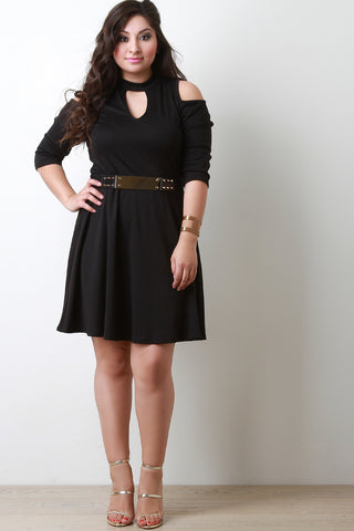 Cold Shoulder Belted Skater Dress