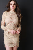 Semi-Sheer Lace Mock Neck Mini Dress
