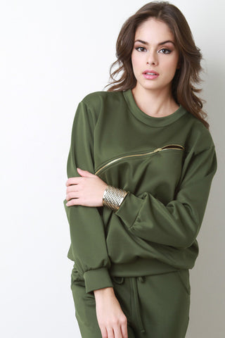 Front Zipper Jersey Knit Long Sleeve Top