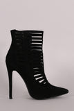 Suede Caged Cutout Pointy Toe Stiletto Booties