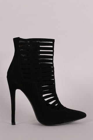 Suede Caged Cutout Pointy Toe Stiletto Booties