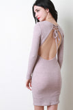 Marled Knit Backless Lace Up Long Sleeves Mini Dress