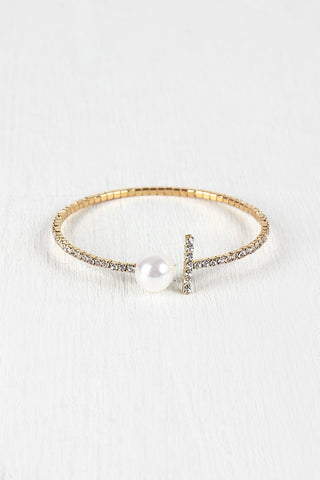 Rhinestone T Pearl Wire Cuff Bracelet