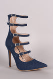 Shoe Republic LA Denim Strappy Buckled Pointy Toe Stiletto Pump