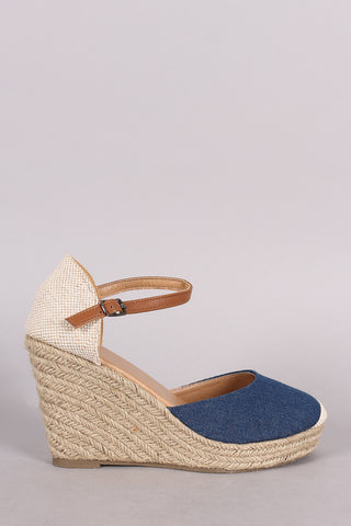 Denim Round Toe Ankle strap Espadrille Platform Wedge