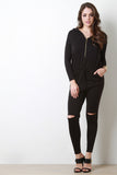 Zip Up Slit Knee Long Sleeves Hooded Jumpsuit