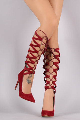 Shoe Republic LA Strappy Corset Lace Up Stiletto Knee High Pump