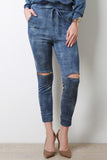 Denim Print Knee Slit Zipper Trim Jogger Pants