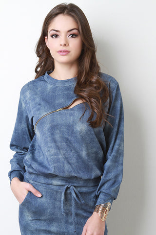 Denim Print Zipper Trim Long Sleeves Sweatshirt