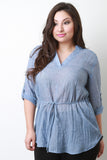 Chambray V-Neck Top Cuffed Sleeves Top