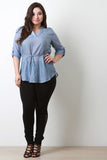 Chambray V-Neck Top Cuffed Sleeves Top