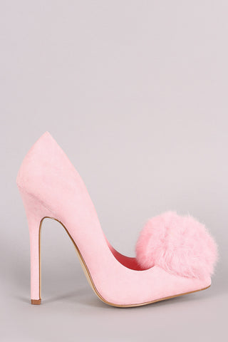 Faux Fur Pom Pom Suede Pointy Toe Stiletto Pump
