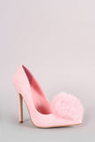 Faux Fur Pom Pom Suede Pointy Toe Stiletto Pump