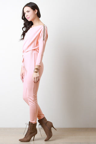 Zip Accent Long Sleeve Knit Jumpsuit