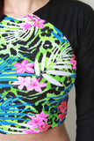 Long Sleeve Leopard Floral Rash Guard Cover Up Top