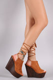 Wild Diva Lounge Suede Peep Toe Lace Up Faux Wooden Platform Wedge