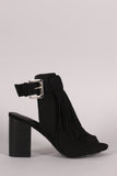 Wild Diva Lounge Suede Buckled Peep Toe Mule Heel