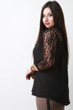 Floral Lace Quarter Sleeves Tie Neck Chiffon Blouse