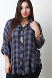 Plaid Pattern Quarter Sleeves Button Up Shirt Top