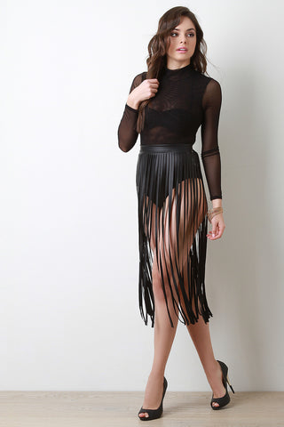 Mock Neck Mesh Bodysuit And Leather Fringe Skirt