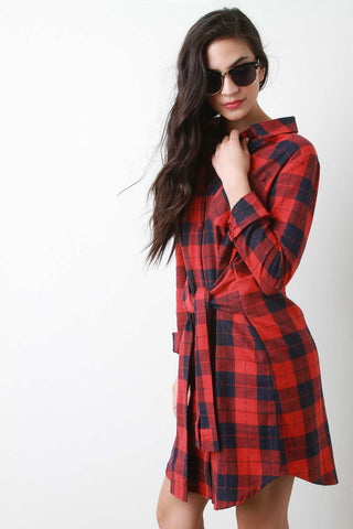 Plaid Tied Waist Shirt Dress