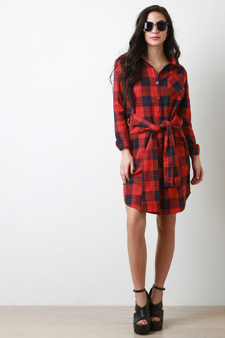 Plaid Tied Waist Shirt Dress