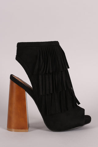 Qupid Suede Fringe Peep Toe Mule Chunky Heel