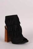 Qupid Suede Fringe Peep Toe Mule Chunky Heel